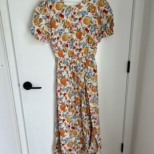 Reformation Linen Fruit Print Puff Sleeve Open Back Dress
